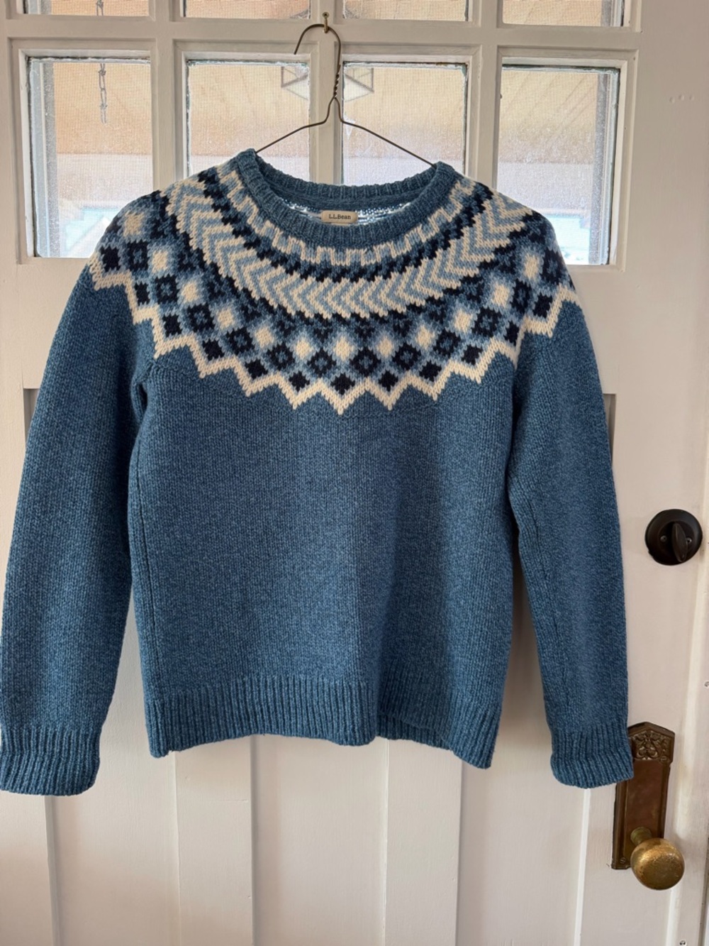 L.L. Bean Blue Fair Isle Yoke Wool Crewneck Sweater with White and Navy
